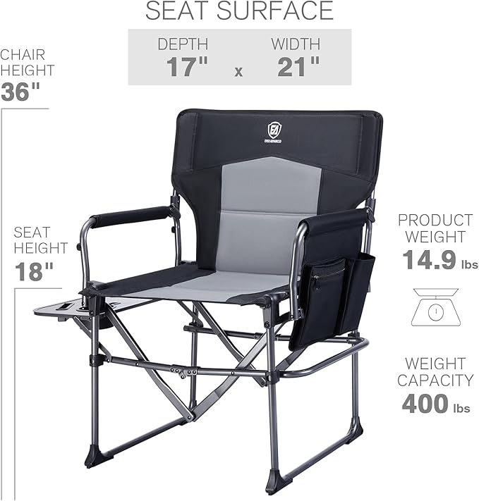 EVER ADVANCED Camping Directors' Chair with Side Table Portable Folding with Compact Size Heavy Duty Lawn Chair with Pocket for Camping Lawn Sports and Fishing 400lbs Black 2 Pack