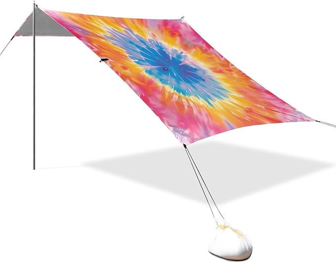 ALAZA Tie Dye Pink Yellow &amp Blue Beach Tent Sun Shelter UPF50+ Protection Beach Shade Canopy w/ 4 Sandbags for Outdoor Camping Fishing Backyard Fun Picnic 10x9 ft