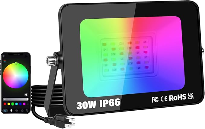 RIGIDON 1 Pack 30W LED Flood Light Outdoor with Plug Smart RGB DIY Scenes Color Changing Landscape Lighting with APP Control IP66 Waterproof Flood Lights for Garden Yards Stage House