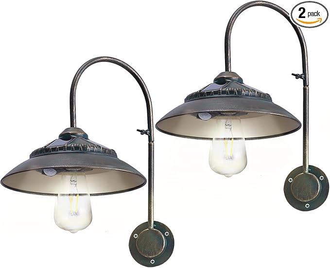 Solar Gooseneck Lights Outdoor Waterproof - Motion Sensor Rustic Vintage Porch Lights with Clear Glass LED Edison Bulbs and 4 Solar Panels for BarnPatioCoopShed and Courtyard(Bronze 2P)