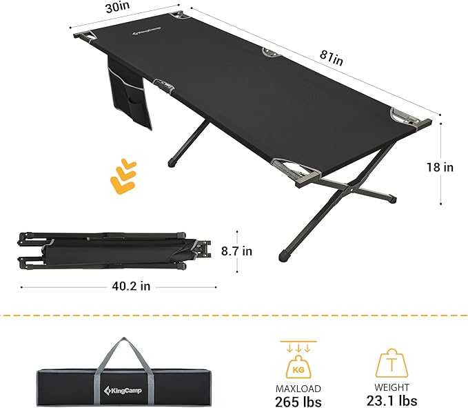 Kingcamp Camping Cot Portable Sleeping Cot for Adults Heavy Duty 81x 30 Oversized Camp Cots with Pocket Folding Outdoor Camping Bed for Travel Camp Beach HikeOutdoor and Indoor Use(Black)