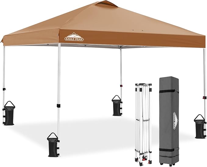 EAGLE PEAK Pop Up Canopy Tent with Wheeled Carry Bag 8 Stakes 4 Ropes 4 Weight Bags Easy Set Up Tent Canopy 10x10 ft 100sqft of Shade Khaki