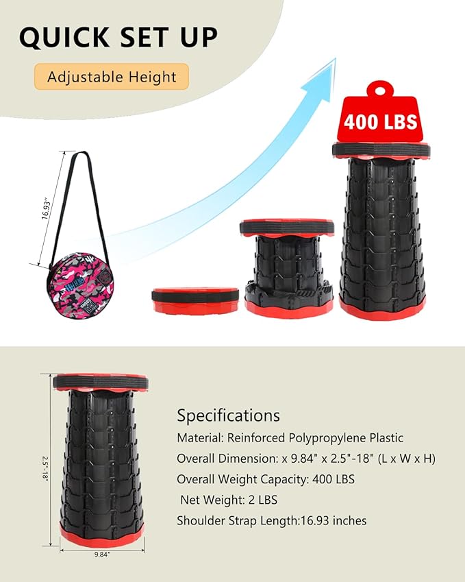 Upgraded Foldable Collapsible Stool 400LBS - Portable Adjustable Height Folding Seat for Outdoor Camping Hiking BBQ Gatherings (Black and Red)