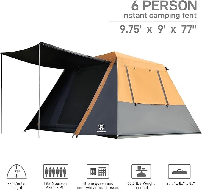 EVER ADVANCED Blackout Design 6 Person Camping Tent Instant Cabin Tent for Family with Vestibule and Large Mesh Windows 60s Easy Setup Double Layer Water-Resistant