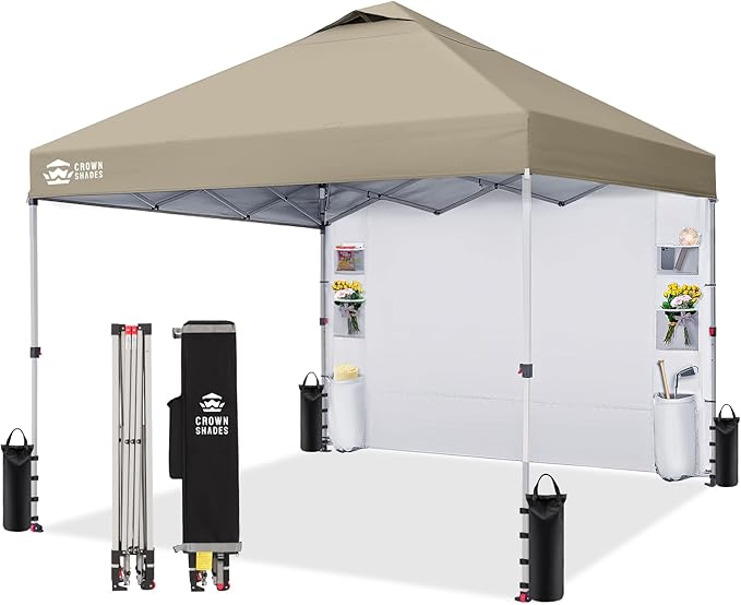 CROWN SHADES Canopy Tent 10x10 Pop Up Canopy Outdoor Shade with Pockets Sidewall Easy Up Sun Shelter with One Person Set Up Center Lock Portable Instant Camping Beach Canopy Tents Beige