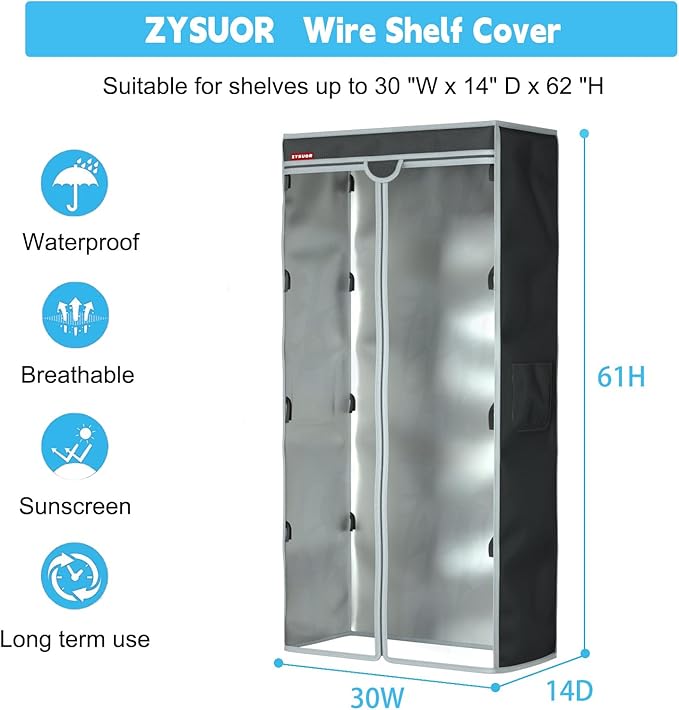 Waterproof and Dustproof Shelf Cover for Storage Shelving and Wire Rack Fits Racks 30 L x 14 D x 62 H Clear Front Cover with Zipper Design (Black No Shelves)