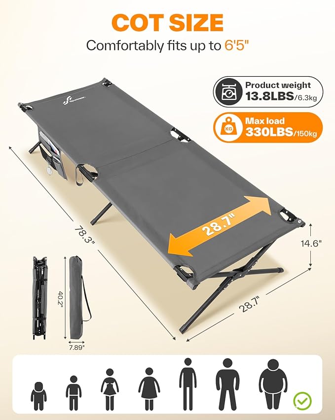Sportneer Camping Cot 78.3x28.7x14.6 Sturdy 6-Leg Foldable Guest Bed for Adults with Storage Bag &amp Side Pocket Compact Portable Design 330 LBS Support