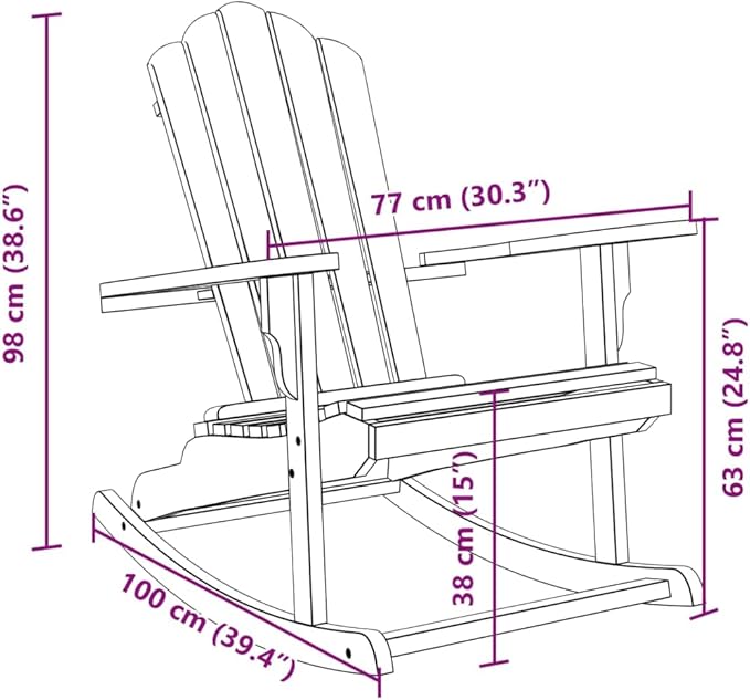 Garden Rocking Adirondack Chair Solid Teak Wood Outdoor Patio Lounge Seating Oiled Finish Medium Size Comfortable High Back 286lb Capacity for Yard Deck Balcony