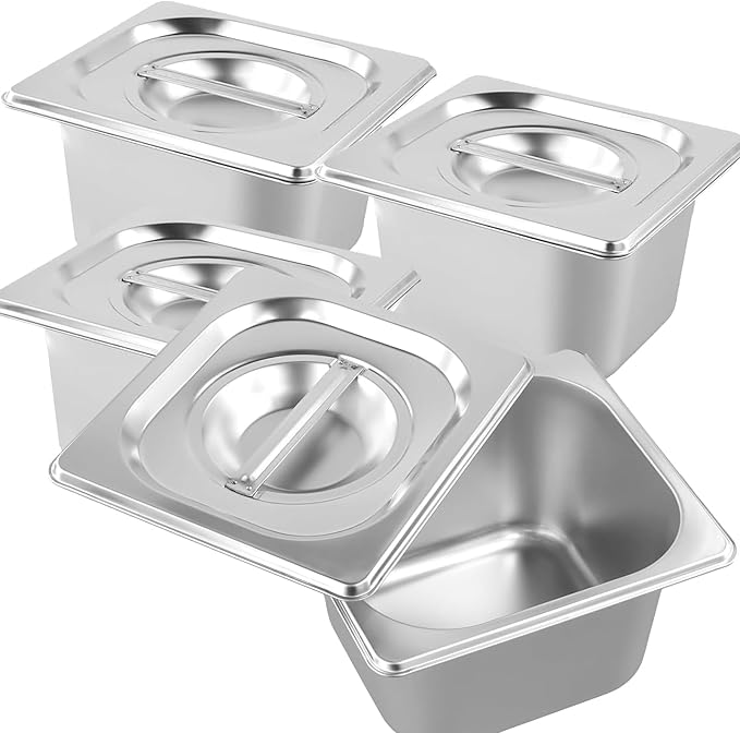 HOIGON 4 Pack 1/6 Size Steam Table Pan with Lids 4 Inch Deep Stainless Steel Hotel Pan Anti-Jam Steam Pans Half Size Hotel Pans for Buffet Restaurants Catering