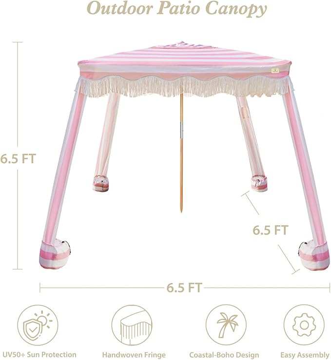 AMMSUN Beach Cabana with Fringe 6.5' x 6.5' Boho Beach Canopy with Tassels Easy Set up &amp Premium Wood Pole Cabana Tent with Sand Pockets Instant Sun Shade for Sand Garden Pink Rose Stripes