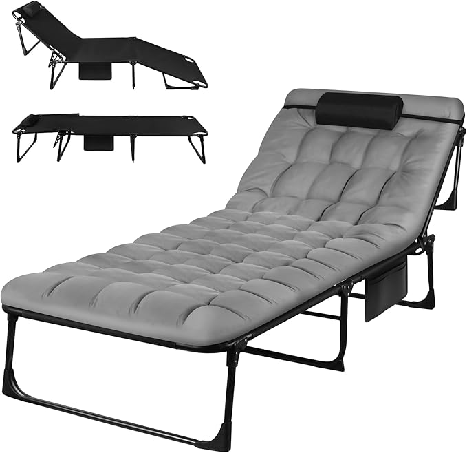 Foldable Camping Cots for Adults Adjustable 4-Position Adults Reclining Folding Chaise Outdoor Portable Folding Lounge Chair Sleeping Cots Bed with Pillow Mattress Carrying Bag for Camping Pool