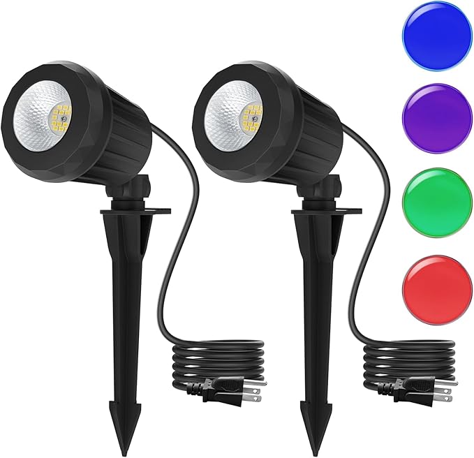Spotlight Outdoor – 120V Plug-In 6500K Cool White LED Landscape Lighting with RGB Purple 4 Color Lenses for Yard Garden Lawn &amp Tree Decor on Holidays&ampEveryday IP67 Waterproof (2 PackBlack