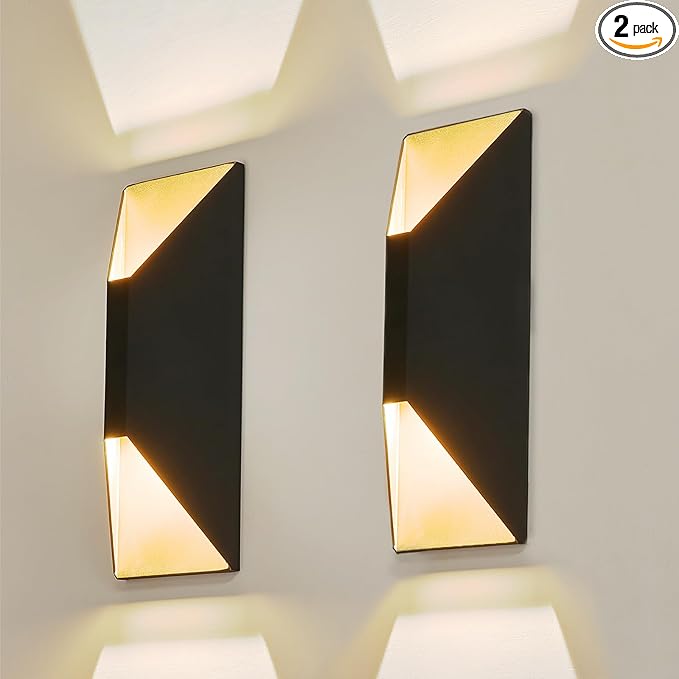 2Pack 13.3 inch Black&ampGold Modern Outdoor LED Up-Down Wall Sconce 5CCT 2700K-5000K Dimmable 12W IP65 Waterproof 120V-277V ETL FCC Certified CRI90+ Porch Light for Garage Patio Door