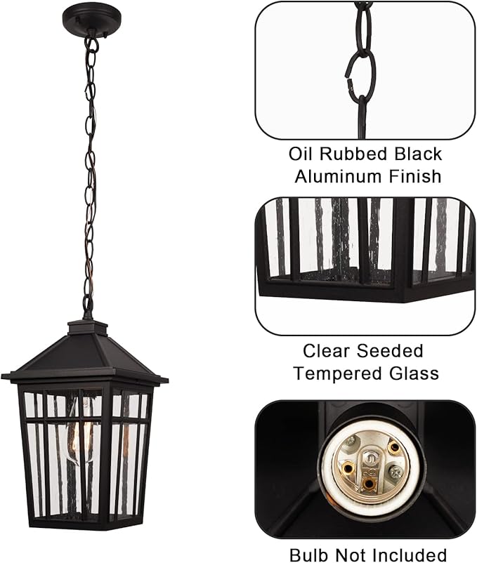 Darkaway Large Outdoor Pendant Light Fixture 16inch Outdoor Hanging Light Porch Lights Fixtures Anti-Rust Waterproof Aluminum with Seeded Glass for Porch Entryway Doorway Farmhouse (BlackLarge)