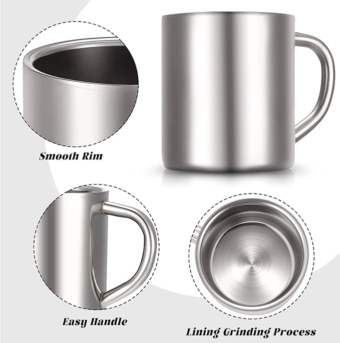 Cunhill 4 Set Small Stainless Steel Coffee Mug 10oz/300ml Metal Double Walled Cups Camping Mug with Handle Dishwasher Safe Tea Cups for Camping Travel Outdoors Rv Keep Drinks Hot