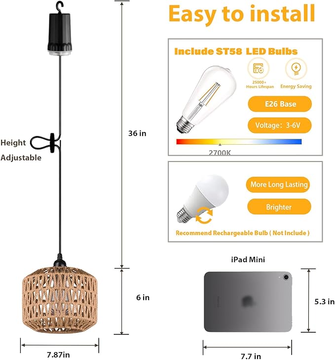Battery Operated Outdoor Chandelier Battery Power Hanging Pendant Lights Woven Rattan Gazebo Light Outdoor Waterproof for Gazebo Pergola Porch Indoor Outdoor Decor Lighting (7.8)