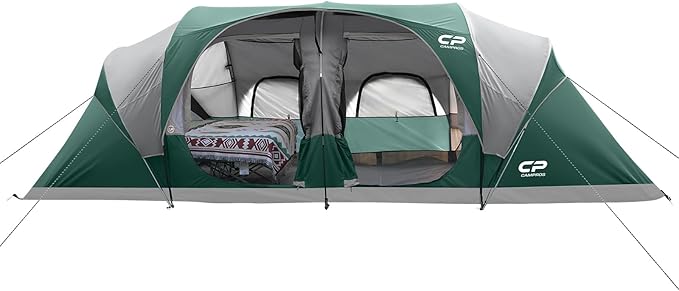 CAMPROS CP Tent 12-Person-Camping-Tents3 Room Family TentsWaterproof Windproof Family Tent with Top Rainfly6 Large Mesh WindowsDouble LayerEasy Set Up Portable with Carry Bag-20' x 9' x 72(H)
