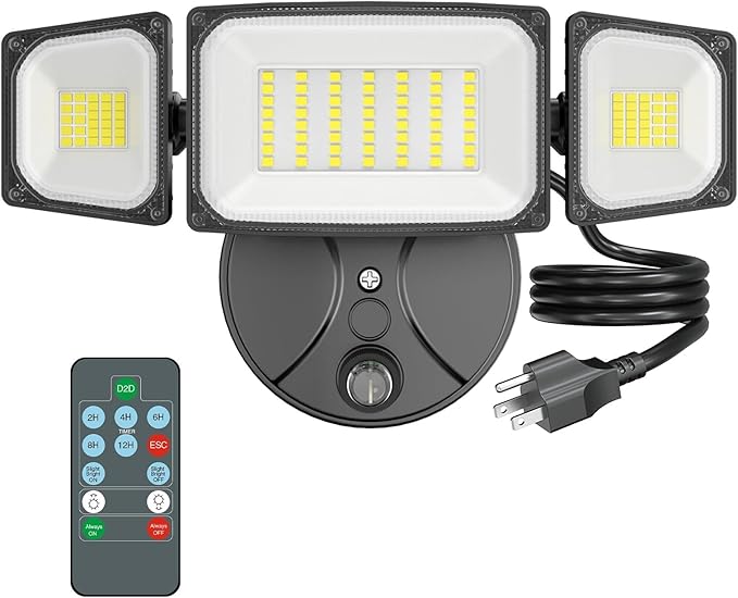 Onforu 80W Dusk to Dawn Outdoor LightingPlug in LED Flood LightsBlack Outdoor Lights with Remote8000LM Security LightIP66 Waterproof Lighting2Modes 3 Adjustable Heads Light for Garage Yard