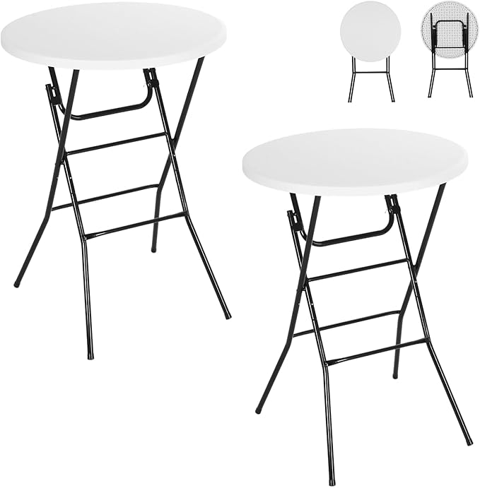 Nice C Plastic High Top Round Table Portable Cocktail Bar Table 31.5 Folding Counter Height Tables Waterproof Outdoor/Indoor Tables for Parties Weddings Camping Backyard (White 2 Pack)
