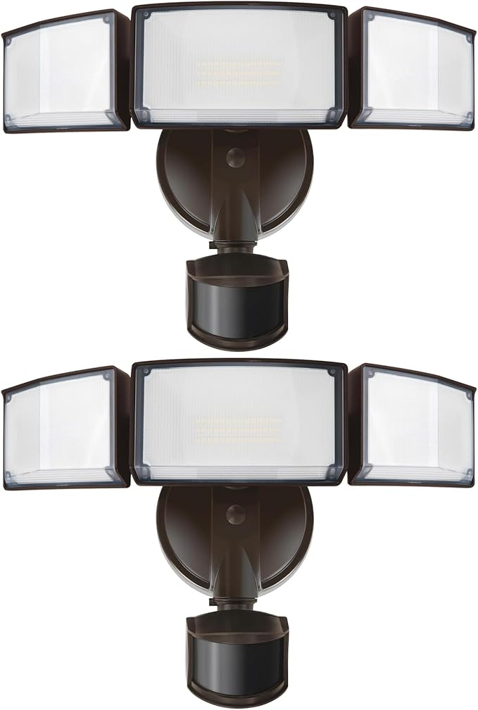 LUTEC 2 Pack 72W 7500LM LED Security Lights Motion Sensor Light Outdoor 5000K Daylight IP65 Waterproof Dusk to Dawn 3-Head Motion Detected Flood Light for Garage Yard Porch(Brown)