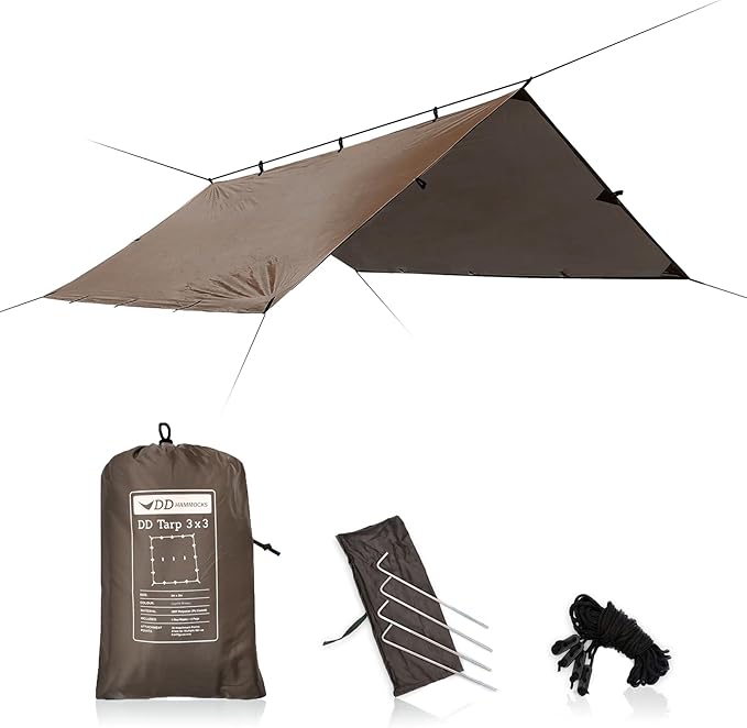 DD Hammocks - DD Tarp 3x3 - Coyote Brown (10ft x 10ft) - 100% Waterproof - Lightweight &amp Multifunctional Rainfly Tarp Tent Shelter for Camping &amp Travel Adventure