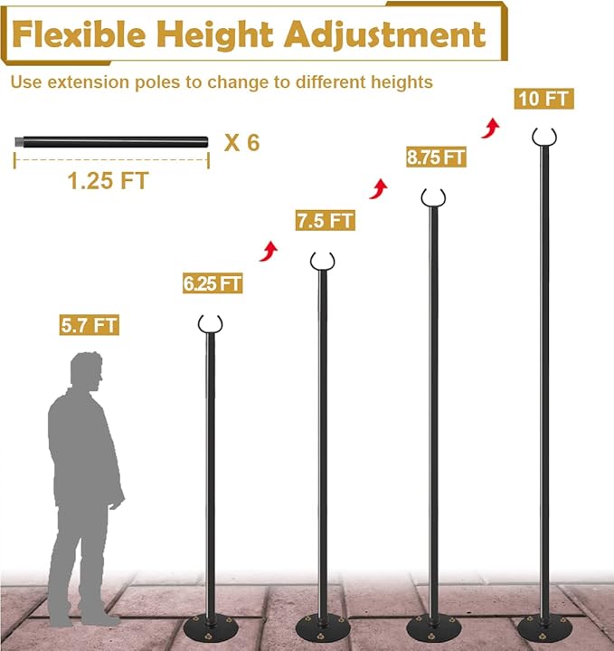 10 FT Outdoor String Light Pole Stand for Hard Ground Adjustable Globe Patio Light Post for Hanging Outside Decorate Lighting 2 Packs