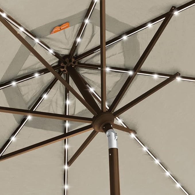 EliteShade USA 10-Year-Non-Fading Solar 9ft Market Umbrella with 80 LED Lights Patio Umbrellas Outdoor Table Umbrella with Ventilation Antique Beige