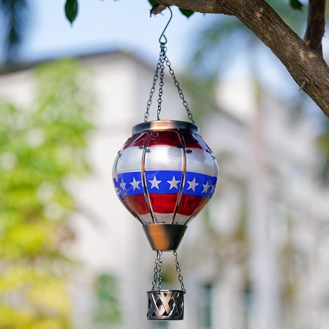 DREAMSOUL 2 PCS Flag Solar Hot Air Balloon Lantern with Flame Hanging Waterproof Solar Lanterns Outdoor Waterproof Flag Day for Patio Garden Decor Fourth of July Decorations
