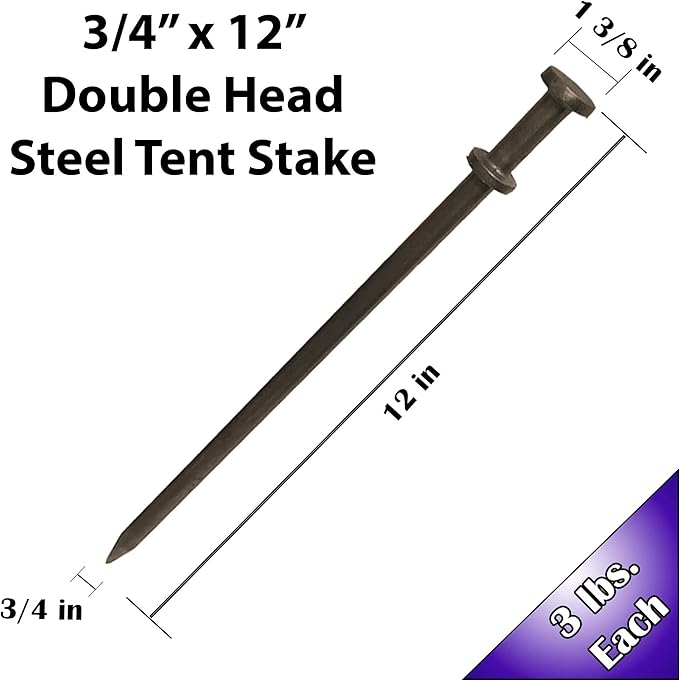 Double Head Tent Stakes - Heavy Duty Steel Tent Stakes Versatile Ground Spikes to Anchor Commercial Inflatables Party Tents and Outdoor Camping Shelters 3/4 x 12 Inch 25-Pack