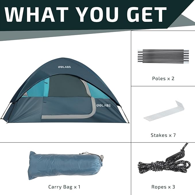Golabs CT1 2 Person Camping Tent Easy Set Up in 3 Mins PU1500mm Waterproof w/Mesh Top &amp Door with Ventilation Lightweight 4.4lbs Portable Family Tent with Carry Bag &ampInterior Storage Pocket