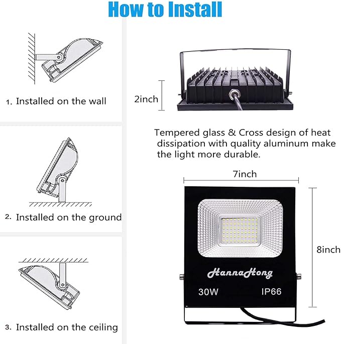 HANNAHONG 30W LED Flood Light Plug inSuper Bright Security/Work/Plant Grow LightIP66 Waterproof OutdoorReflector Spotlight for PorchGaragePatioYardGarden 2 Pack