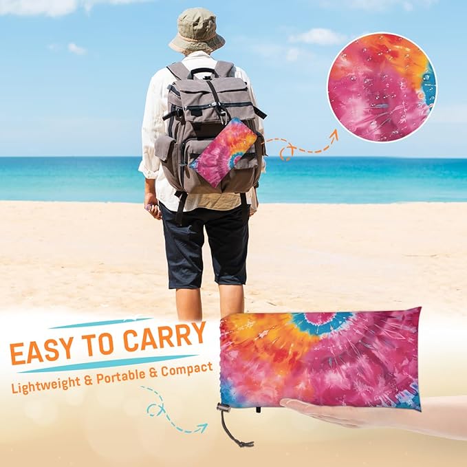 Waterproof Sandproof Beach Blanket 59''×68'' Pattern Tie Dye Polyester Outdoor Picnic Blanket with 4 Stakes &amp Storage Bag for BeachCampingVacation Red &amp Orange