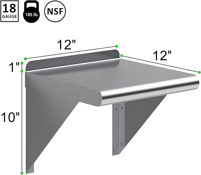 NSF Certified 18 Gauge Heavy Duty Stainless Steel Wall Shelf with Brackets for Kitchens Utility Rooms Storage Offices &amp Home (12 x 12)