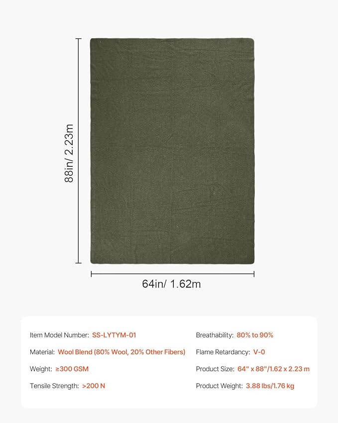 VEVOR Wool Camping Blanket Large Warm Stadium Blanket Flame Retardant Great for Outdoors Picnics Hiking Sports Events Travel Car &amp Bushcraft Survival Kits 64 x 88 Army Green Wool Blank