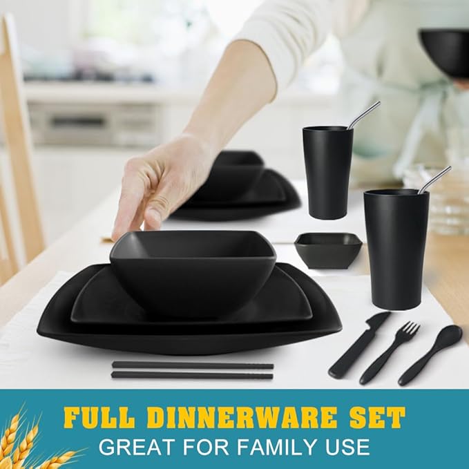 Teivio 88-piece With Flatware Plastic Kitchen Wheat Straw Square Dinnerware Set for 8 Unbreakable Dinner/Salad/Appetizer Plates Snack Bowls Dipping Sauce CupsTumblers Dishwasher Safe DishBlack ﻿