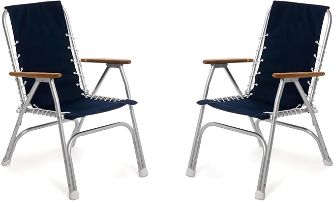 FORMA MARINE Boat Chairs High Back Navy Blue Deck Folding Marine Aluminum Teak Furniture Set of 2 M150XNB