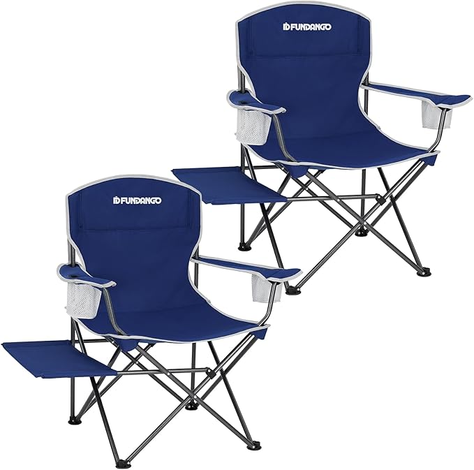 FUNDANGO Folding Padded Camping Chair Portable Outdoor Full Back Lawn Arm Chair with Side Table Cup Holder Side Pocket for Garden Picnic BBQ with Carry Bag Support 300LBS