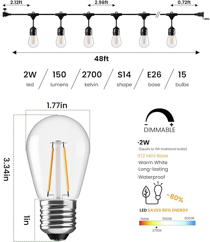 Svater 96 FT Outdoor String Lights 2W Patio Light for Outside with 32 Antique S14 Plastic LED Bulbs IP65 Waterproof Hanging Cafe Market Lighting ETL-Listed Dimmable Warm White 2700K (48 FT x 2)