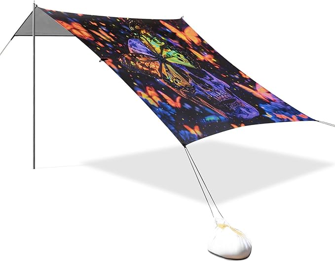 ALAZA Skull Betterflies Beach Tent Sun Shelter UPF50+ Protection Beach Shade Canopy w/ 4 Sandbags for Outdoor Camping Fishing Backyard Fun Picnic 10x9 ft