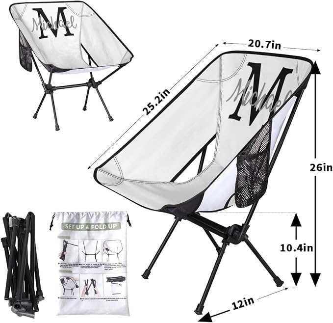 Custom White Portable Camping Chair Personalized Backpacking Chair with Name Lightweight Foldable Chairs for Hiking Beach