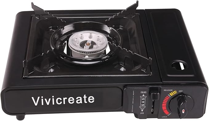 Vivicreate 8500 BTU Portable Butane Gas Stove for Camping Cooking Outdoor Lightweight Portable Stove Burner with Auto Ignition Estufa de Gas Portátil para Camping al Aire Libre(Black)
