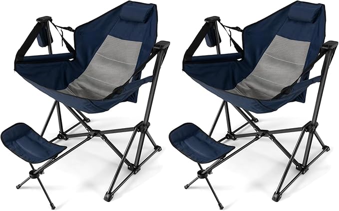 HAPPYGRILL 2-Pack Hammock Camping Chair Outdoor Folding Swinging Chair with Retractable Footrest Head Pillow Carrying Bag Included Portable Lightweight Rocking Chair for Camping Fishing Picnic