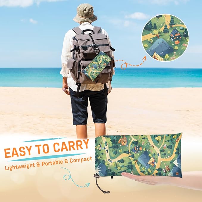 Waterproof Sandproof Beach Blanket 59''×68'' Scenery Mountains Polyester Outdoor Picnic Blanket with 4 Stakes &amp Storage Bag for BeachCampingVacation Green