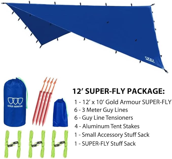 Gold Armour Rainfly Tarp Hammock Premium 14.7ft/12ft/10ft/8ft Rain Fly Cover Waterproof Ultralight Camping Shelter Canopy Survival Equipment Gear Camping Tent Accessories (Blue 12ft x 10ft)