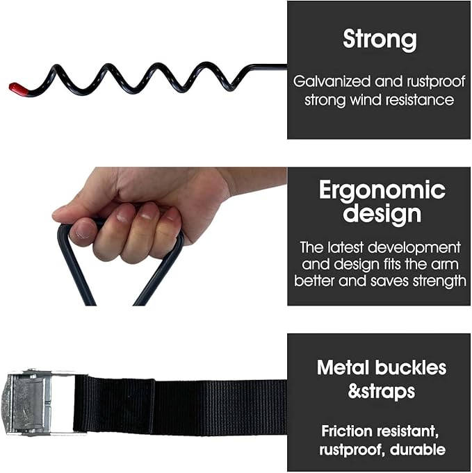 Trampoline Stakes 4 Pack - Heavy Duty Trampoline Anchors Kit - Screw In Ground Anchors High Wind with Straps for Trampolines (Black)
