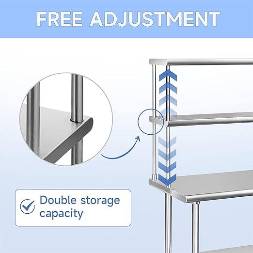 ROCKPOINT Stainless Steel overshelf for Prep Work Table 12 D x 48 WCommercial Double Overshelf in Kitchen HomeRestaurantGarage with countertop Capacity 380lb