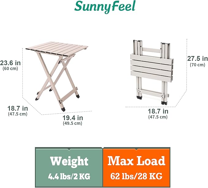 SUNNYFEEL Folding Camping Table - Lightweight Aluminum Portable Picnic Table 18.5L x 18.5W x 24.5H Inch for Cooking Beach Hiking Travel Fishing BBQ Indoor Outdoor Small Foldable Camp Tables