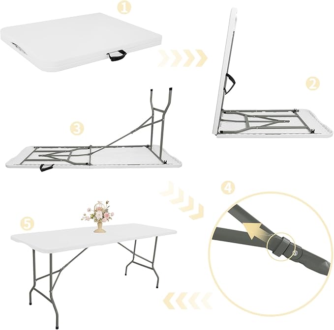 Set of 2 Folding Table 6 FT Lightweight Camping Table Portable Plastic Rectangular Outdoor Dining Table Steel Legs Fold-in-Half with Carrying Handle for IndoorPicnicPartyWeddingEvents(White)
