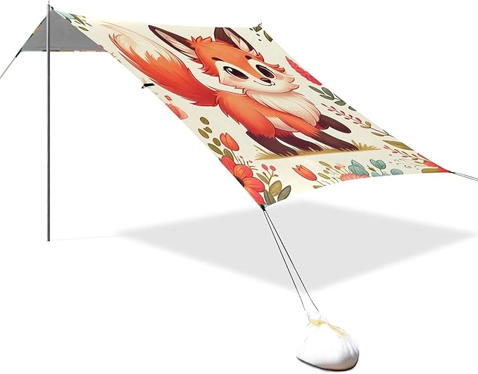 Cute Fox and Flowers Camping Sun Shelter Beach Tent Portable Beach Sun Shade Outdoor Canopy for Camping Trips Fishing Picnic