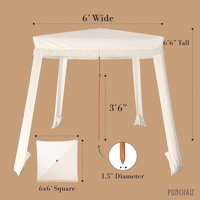 Beach Cabana with Fringe - 6x6 Ft. Boho Beach Canopy Umbrella Tent Portable Umbrellas for Sand with Carry Bag &amp Sandbag Pockets Instant Sun Shade Canopy Tent for Beaches &amp Backyards